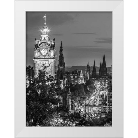 Princess streen and the Balmoral Hotel and night, Edinbrugh, Scotland, FTBR-1800 White Modern Wood Framed Art Print by Frank, Assaf
