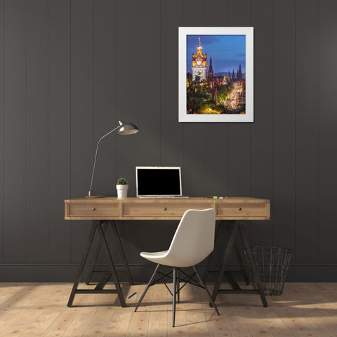 Princess streen and the Balmoral Hotel and night, Edinbrugh, Scotland White Modern Wood Framed Art Print by Frank, Assaf