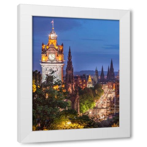 Princess streen and the Balmoral Hotel and night, Edinbrugh, Scotland White Modern Wood Framed Art Print by Frank, Assaf