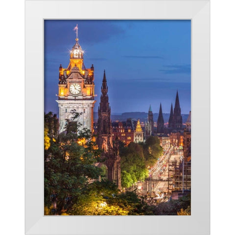 Princess streen and the Balmoral Hotel and night, Edinbrugh, Scotland White Modern Wood Framed Art Print by Frank, Assaf