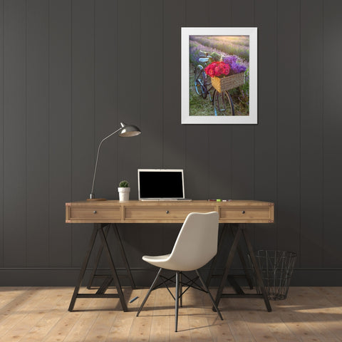 Basket of flowers on a bicycle White Modern Wood Framed Art Print by Frank, Assaf