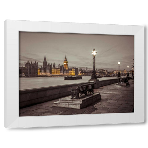 Benchs by the walkway next to river thames, London, Uk White Modern Wood Framed Art Print by Frank, Assaf