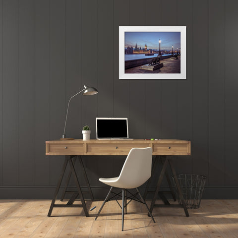 Benchs by the walkway next to river thames, London, Uk White Modern Wood Framed Art Print by Frank, Assaf