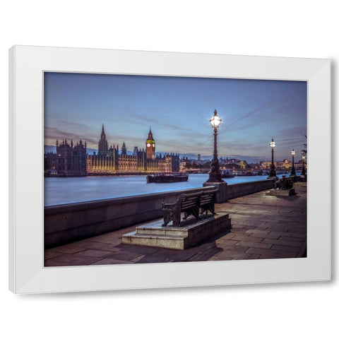 Benchs by the walkway next to river thames, London, Uk White Modern Wood Framed Art Print by Frank, Assaf