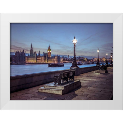 Benchs by the walkway next to river thames, London, Uk White Modern Wood Framed Art Print by Frank, Assaf