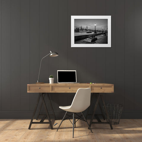Benchs by the walkway next to river thames, London, Uk White Modern Wood Framed Art Print by Frank, Assaf