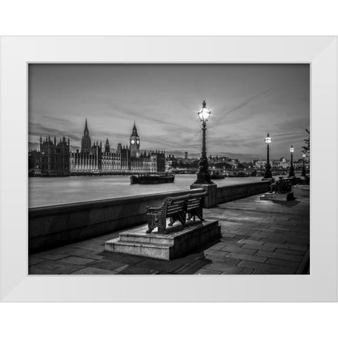 Benchs by the walkway next to river thames, London, Uk White Modern Wood Framed Art Print by Frank, Assaf