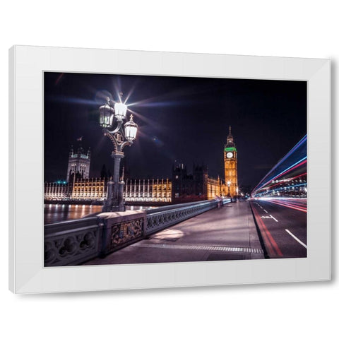 Westminster Bridge on river Thames with strip lights, London, UK White Modern Wood Framed Art Print by Frank, Assaf
