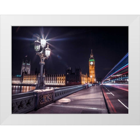 Westminster Bridge on river Thames with strip lights, London, UK White Modern Wood Framed Art Print by Frank, Assaf