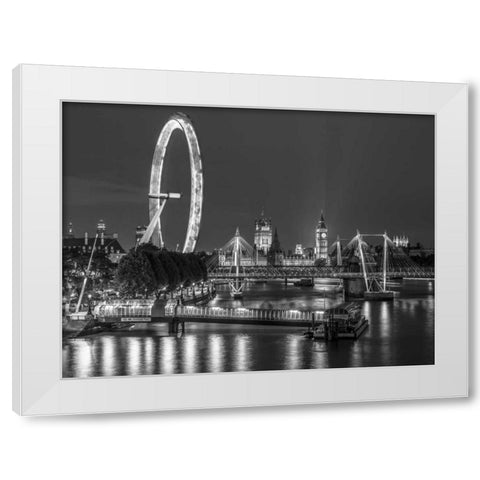 Night shot of river thames with London Eye, London, UK White Modern Wood Framed Art Print by Frank, Assaf