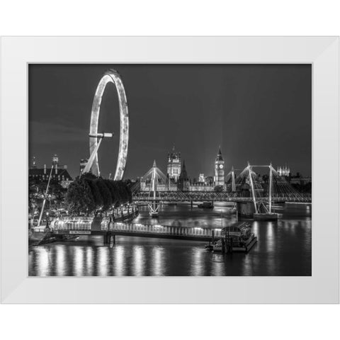 Night shot of river thames with London Eye, London, UK White Modern Wood Framed Art Print by Frank, Assaf