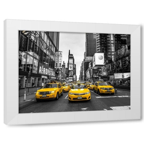 Panoramic view of illuminated Manhattan skyline at twilight - New York City White Modern Wood Framed Art Print by Frank, Assaf