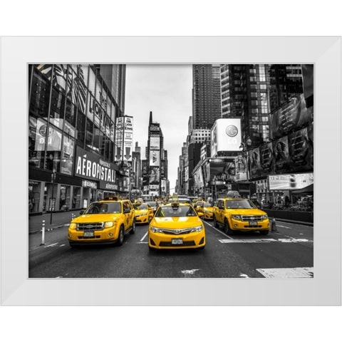 Panoramic view of illuminated Manhattan skyline at twilight - New York City White Modern Wood Framed Art Print by Frank, Assaf