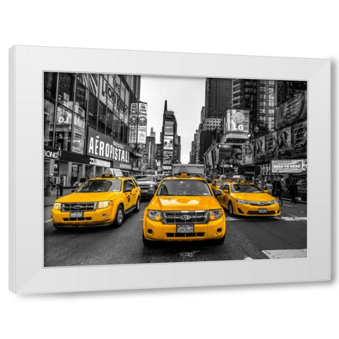 Taxi on broadway, New York White Modern Wood Framed Art Print by Frank, Assaf