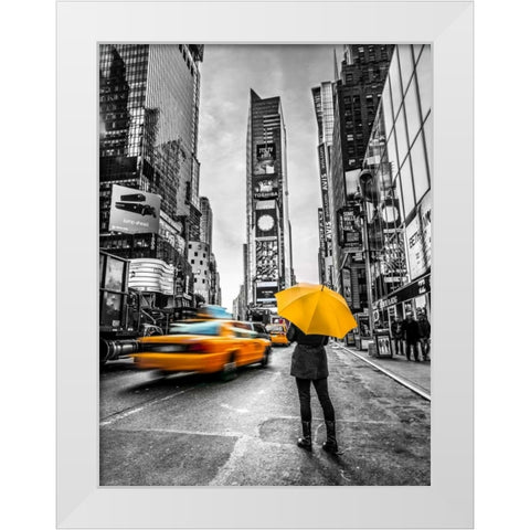 Man with yellow umbrella at Times square, New York White Modern Wood Framed Art Print by Frank, Assaf