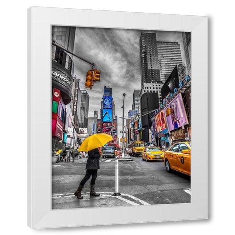 Man with yellow umbrella at Times square, New York White Modern Wood Framed Art Print by Frank, Assaf