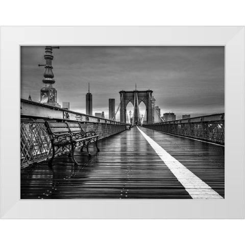 Empty bench on the pedestrian walkway of the Brooklyn Bridge, New York White Modern Wood Framed Art Print by Frank, Assaf