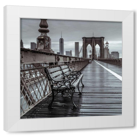Empty bench on the pedestrian walkway of the Brooklyn Bridge, New York White Modern Wood Framed Art Print by Frank, Assaf
