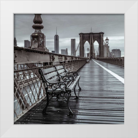 Empty bench on the pedestrian walkway of the Brooklyn Bridge, New York White Modern Wood Framed Art Print by Frank, Assaf