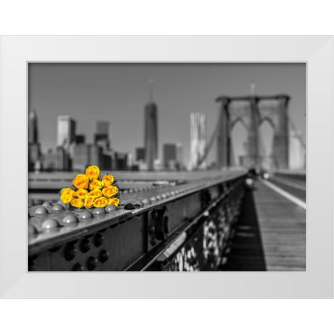 Bunch of roses on Brooklyn Bridge, New York White Modern Wood Framed Art Print by Frank, Assaf