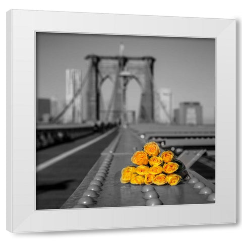 Bunch of roses on Brooklyn Bridge, New York White Modern Wood Framed Art Print by Frank, Assaf