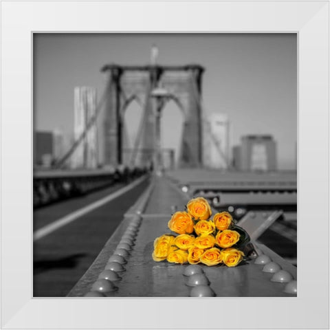 Bunch of roses on Brooklyn Bridge, New York White Modern Wood Framed Art Print by Frank, Assaf