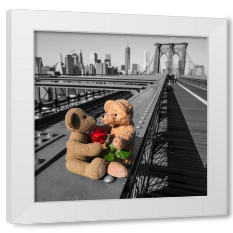 Pair of teddy bears with a red rose on Brooklyn Bridge, New York White Modern Wood Framed Art Print by Frank, Assaf