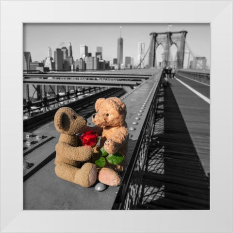 Pair of teddy bears with a red rose on Brooklyn Bridge, New York White Modern Wood Framed Art Print by Frank, Assaf
