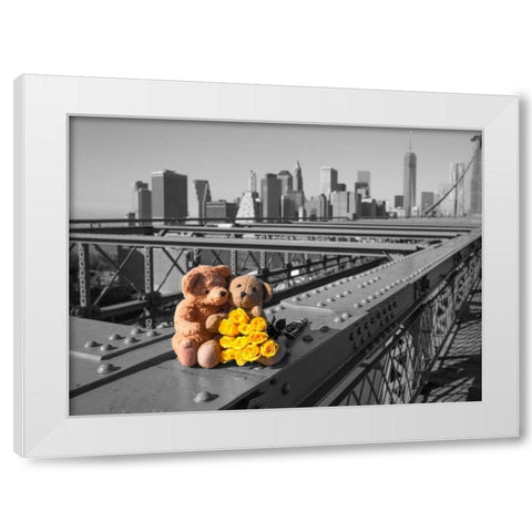 Pair of teddy bears and bunch of roses on Brooklyn Bridge, New York White Modern Wood Framed Art Print by Frank, Assaf