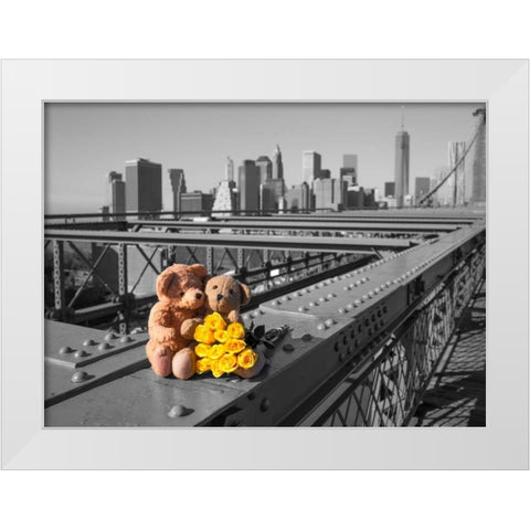 Pair of teddy bears and bunch of roses on Brooklyn Bridge, New York White Modern Wood Framed Art Print by Frank, Assaf