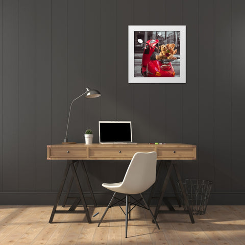 Teddy bears with red rose on a scooter, New York White Modern Wood Framed Art Print by Frank, Assaf