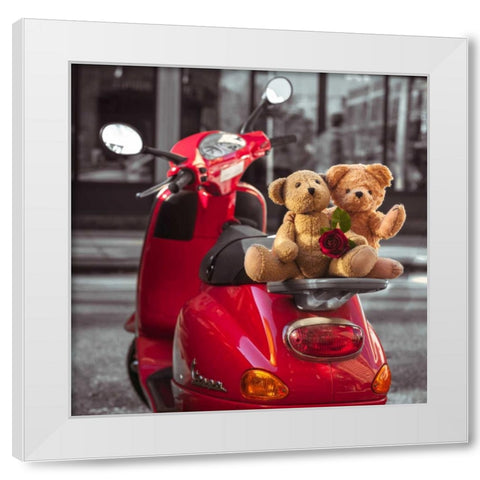 Teddy bears with red rose on a scooter, New York White Modern Wood Framed Art Print by Frank, Assaf
