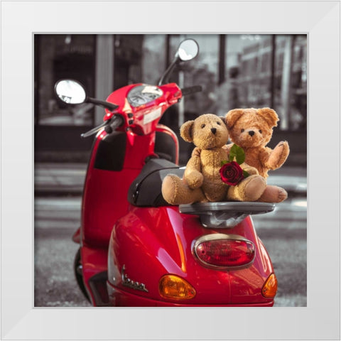 Teddy bears with red rose on a scooter, New York White Modern Wood Framed Art Print by Frank, Assaf