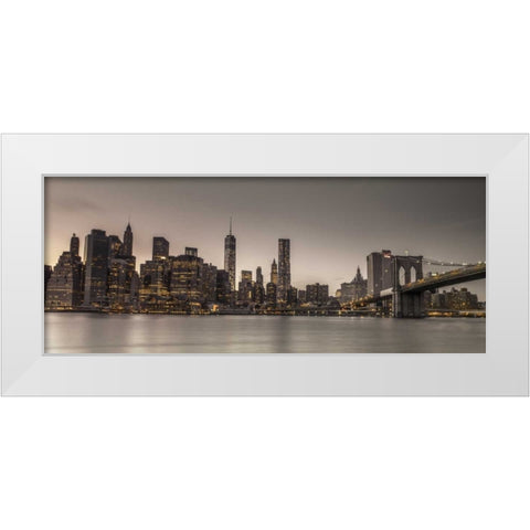 Evening shot of Lower Manhattan skyline, New York White Modern Wood Framed Art Print by Frank, Assaf