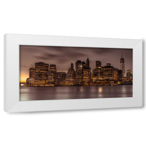 Evening shot of Lower Manhattan skyline, New York White Modern Wood Framed Art Print by Frank, Assaf
