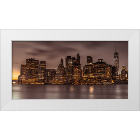 Evening shot of Lower Manhattan skyline, New York White Modern Wood Framed Art Print by Frank, Assaf