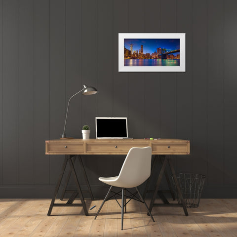 Evening shot of Lower Manhattan skyline and Brooklyn Bridge, New York White Modern Wood Framed Art Print by Frank, Assaf