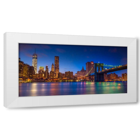 Evening shot of Lower Manhattan skyline and Brooklyn Bridge, New York White Modern Wood Framed Art Print by Frank, Assaf