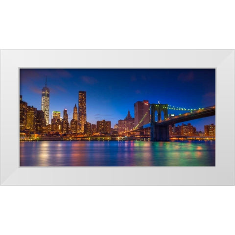Evening shot of Lower Manhattan skyline and Brooklyn Bridge, New York White Modern Wood Framed Art Print by Frank, Assaf