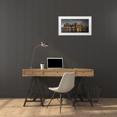 Evening shot of Lower Manhattan skyline, New York White Modern Wood Framed Art Print by Frank, Assaf