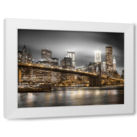 Evening shot of Brooklyn Bridge with Lower Manhattan skyline, New York White Modern Wood Framed Art Print by Frank, Assaf