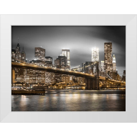 Evening shot of Brooklyn Bridge with Lower Manhattan skyline, New York White Modern Wood Framed Art Print by Frank, Assaf