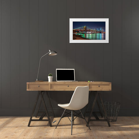 Evening shot of Brooklyn Bridge and Lower Manhattan skyline, New York White Modern Wood Framed Art Print by Frank, Assaf