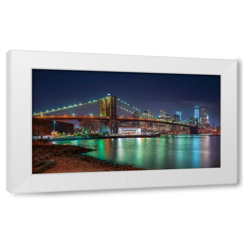 Evening shot of Brooklyn Bridge and Lower Manhattan skyline, New York White Modern Wood Framed Art Print by Frank, Assaf