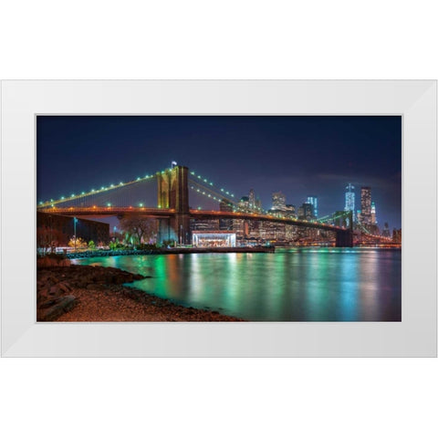 Evening shot of Brooklyn Bridge and Lower Manhattan skyline, New York White Modern Wood Framed Art Print by Frank, Assaf