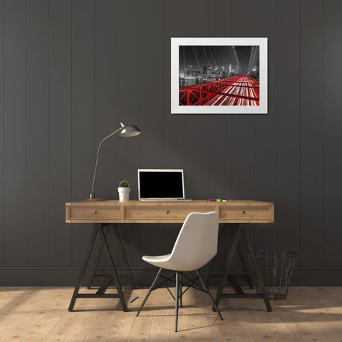 Brooklyn Bridge in evening, New York White Modern Wood Framed Art Print by Frank, Assaf