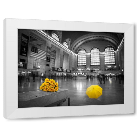 Bunch of yellow roses and umbrella in Grand Central Terminal, New York White Modern Wood Framed Art Print by Frank, Assaf