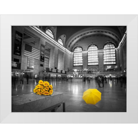 Bunch of yellow roses and umbrella in Grand Central Terminal, New York White Modern Wood Framed Art Print by Frank, Assaf