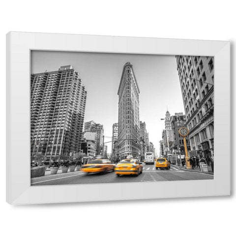 Yellow Taxis- Flatiron Building-Manhattan-New York White Modern Wood Framed Art Print by Frank, Assaf