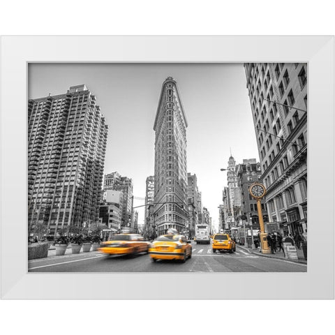 Yellow Taxis- Flatiron Building-Manhattan-New York White Modern Wood Framed Art Print by Frank, Assaf